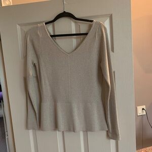 White House Black Market Gold Lurex Double V- Neck Peplum Sweater sz M